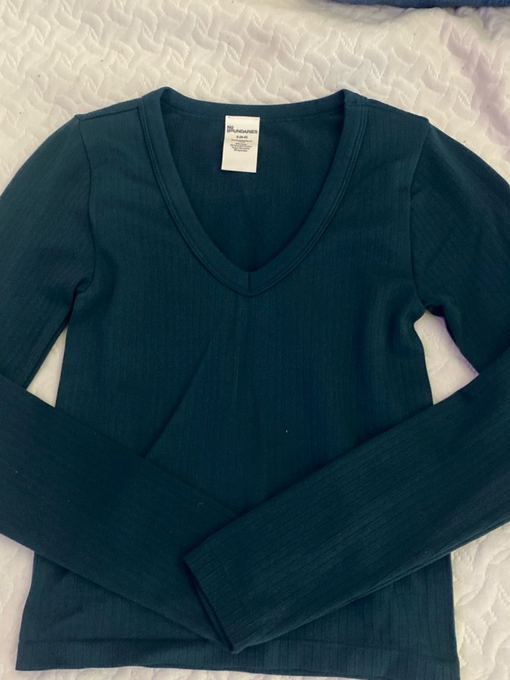 Ribbed V-Neck Long Sleeve Top - Dark Green